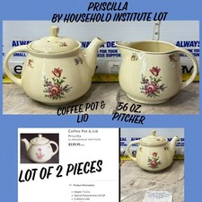 Priscilla Household Institute Coffee Pot W/ Lid & 56oz Serving Pitcher Lot Vintg picture
