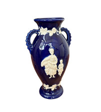 Vintage Cobalt Blue Jasperware Style Vase Figural Double Handles Japan 7.5” picture