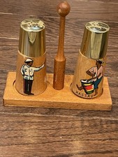 Nassau Bahamas Salt & Pepper Shakers with Stand Holder- Wooden& Faux gold-VTG picture