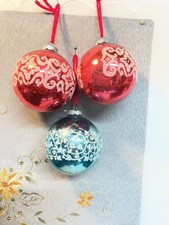 Lot of 3 Vintage Shiny Brite Ornaments, Stenciled, Mica picture
