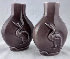 Vintage Edgar Johnson Pair Taupe Ceramic Bud Vases Egret Crane Bird MCM Signed picture