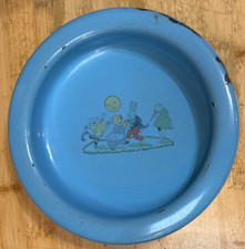 Vintage Kockums Sweden Blue Enamelware Childs Bowl Dancing Rabbit ,Cat 7