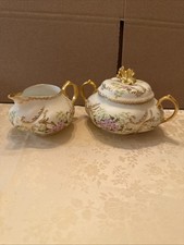 Porcelain Floral Creamer & Sugar Bowl Set w Lid, White Purple Green Gold picture
