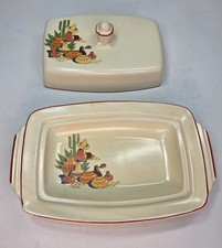 Vintage 40s Homer Laughlin Old Yellowstone Mexicana Covered Butter Dish Red Band picture