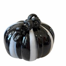 TAHARI Hand Blown Art Glass Pumpkin Chic Black & White Striped Fall Decor 8x6 picture