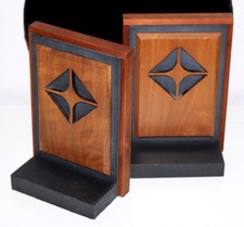 Harpswell House Bookends Wood Slate Diamond Carved Walnut MCM 7 lbs picture