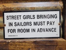 VINTAGE 1942 SAILOR PORCELAIN SIGN OLD HOTEL VIRGINIA BEACH STREET GIRLS BROTHEL picture