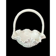 Vintage Fenton Hobnail White Milk Glass Ribbed Basket Crimped Ruffled Top Edges picture