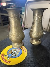 Vintage Pair Engraved Brass Bud Vases Made in India Floral 7” Mid Century picture