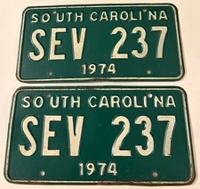 Vintage 1974 South Carolina License Plate Pair SEV 237 picture