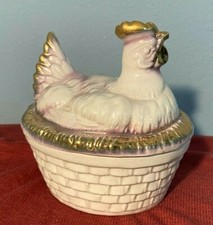 VTG Lusterware Ceramic Chicken Hen On Nest Covered Candy/Butter Dish & Lid-EUC picture