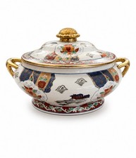 Vintage Oval Lidded Japanese Imari Tureen With Gold Accents Blue Orange picture