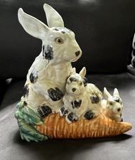 Vintage Majolica Glazed Pottery Bunny Rabbit - Babies - Carrot 9”x 9” picture