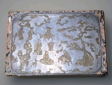 RARE MEIJI PERIOD JAPANESE MIXED-METAL BRONZE PLAQUE — SCHOLAR’S GARDEN SCENE picture