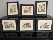 Vintage Historic Prints of Bergen County NJ, Brown and White, Matted set of 6 picture