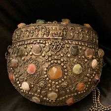 Ornate Oval Metal Purse, Lidded Latch Closure, Silver w/ Multicolor Stones picture