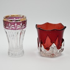 Vintage Ruby Stained Souvenir Glass Toothpick Holder and Bud Vase Set 2pc picture