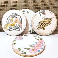 Vintage Antique Ceramic Trivets Wheeling Round Floral Hand-painted Cottage Decor picture