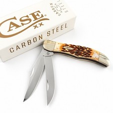 Case XX 30093 Folding Hunter Peach Seed Jig Amber Bone Carbon Steel Pocket Knife picture
