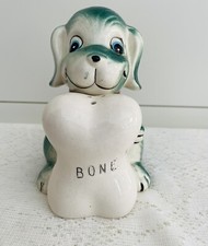 Vintage Figural Salt And Pepper Shakers Green Dog Holding White Bone Made Japan picture