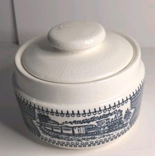 Vintage Currier and Ives Royal China Sugar Bowl With Whi Lid - Train Pattern picture
