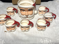 Vtg Ceramic Santa Claus Punch Bowl Set MCM Christmas Mugs Eggnog Story Box 8 Pc picture