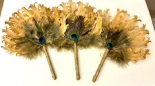 3-Vintage Peacock Feather Fan 7.5” Diameter Fan Shape Wrapped Wood Handle Read picture