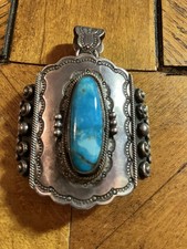 Huge Vintage Sterling 925 Wallace Turquoise Pendant Stampwork 2.7” Blue 55 Grams picture