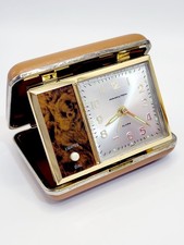 Vintage 1970s Hamilton Travel Alarm Clock Faux Wood Gold Tone Case Ticks Rings picture