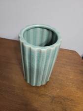 Vintage Celadon Green Ceramic Vase with Ribbed Design picture
