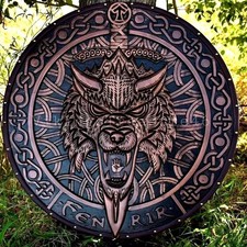 24'' Fenrir Wolf Carved Wooden Viking Shield Battle-Worn Shield Wall Décor picture