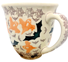 Polish Pottery Large Mars Coffee Mug Pattern BOO Bats Ghosts Spiders Halloween picture