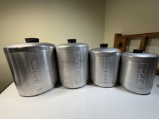 Vintage 1950 MCM Brushed Aluminum Canister Set 4 Flour Sugar Coffee Tea Atomic picture