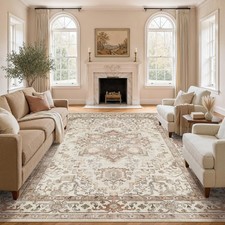 Washable Rug 10x14 Area Rugs: Boho Vintage Distressed Oriental Medallion Neut... picture