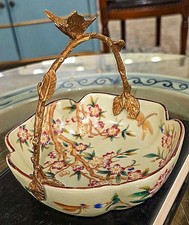 Colorful Porcelain Chinoiserie Round Basket. Bronze Handle. Hand Painted picture
