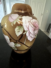 Vtg Japanese Nippon Porcelain Vas Hand Painted Tan/Pink Roses 9 in High picture