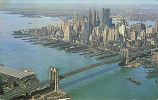 1962 NYC Aerial View Brooklyn Bridge Manhattan Skyline Postcard Posted picture