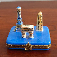 Paris France Limoges Style Blue Porcelain Trinket Box w/ Eiffel Tower Figures picture