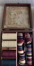 Vintage 1900s Poker Chips 150+ Clay- Bakelite- Wood Caddy Holder picture