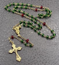 Catholic Rosary Dainty Green Red Glass Beads Cross Pendant Christmas Gold Tone picture