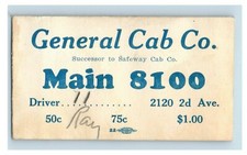 1920s-30s General Cab Co Safeway Main St 8100 Business Card F43 picture