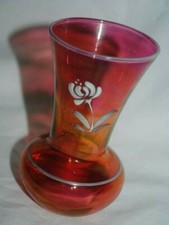 Vintage post-War carnival glass bud vase, red, painted flower, 4