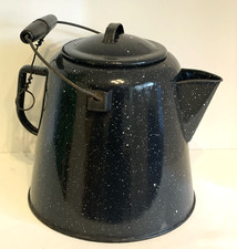 Vintage Speckled Black Enamelware Cowboy Coffee Pot Rustic Primitive Country picture