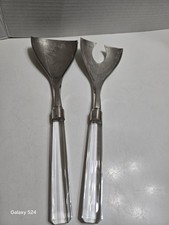 Vintage MCM MINIMALIST SALAD SERVER Utensil Set Silverplate With Crystal Handles picture