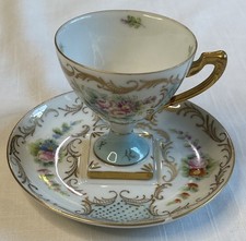 Vintage Hand-Painted Porcelain Floral Pedestal Cup and Saucer- Japan Made (READ) picture