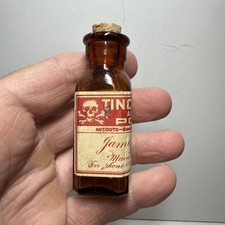 Rare Antique Small Amber Poison Bottle With Skull & Crossbones Label & Cork picture