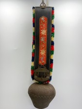 Vintage Austrian Cow Bell Folk Art Embroidered Leather Strap Bronze Alpine Decor picture