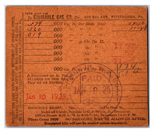Original 1925 - Equitable Gas Company Receipt - January 1925 Pittsburgh, PA picture