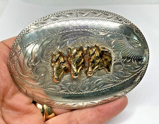 Vintage Tex Tan Sterling Silver Front 3  Horses Engraved Western Belt Buckle picture