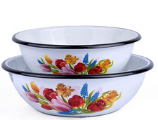 SET OF 2 Tulips Flower Enamel Bowls Enameled Mixing Bowl Set 1.6qt 2.6qt UKRIANE picture